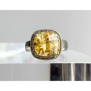 Citrine Cushion Cut Semi-Precious Halo 925 Sterling Silver Vintage Ring - sz 8